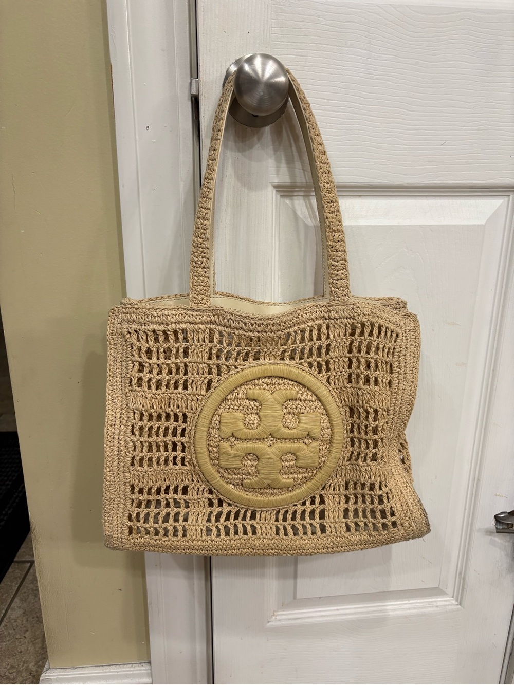 Tory Burch Natural Straw Crochet Tote with Logo Medallion